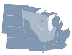 map showing covered territory including all of Wisconsin, as well as most of Minnesota, Iowa, Illinois and Indiana